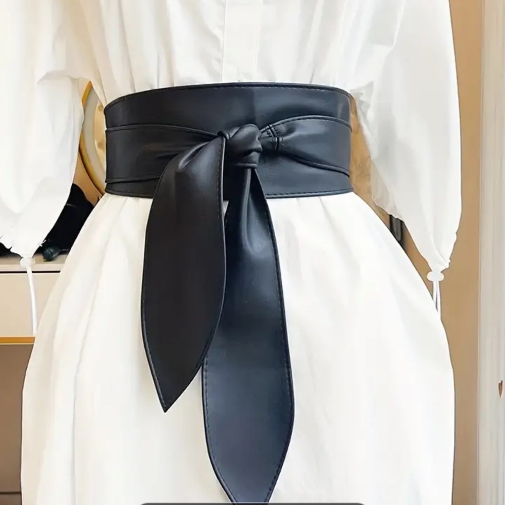 Women’s Black Wide Obi Wrap Belt – Bow Tie PU Leather Waist Cincher 94"